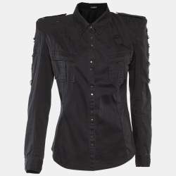 Pre Owned Balmain Black Cotton Distressed Button Front Shirt M