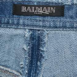 Pre Owned Balmain Blue Distressed Denim Button Detail Shorts M