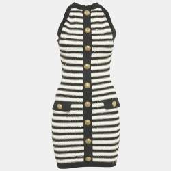 Pre Owned Balmain Black/ White Striped Rib Knit Mini Bodycon Dress S