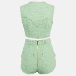 Pre Owned Balmain Green Tweed Crop Top & Mini Shorts Set S