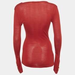 Pre Owned Balmain Red Wool Button Detail Long Sleeve Sweater S
