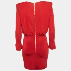 Pre Owned Balmain Red Jersey & Knit Plunge Neck Button Detailed Mini Dress S