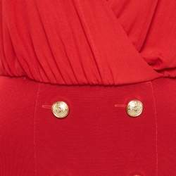 Pre Owned Balmain Red Jersey & Knit Plunge Neck Button Detailed Mini Dress S