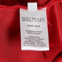 Pre Owned Balmain Red Jersey & Knit Plunge Neck Button Detailed Mini Dress S