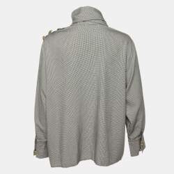 Pre Owned Balmain Monochrome Houndstooth Pattern Crepe Tie Neck Shirt L