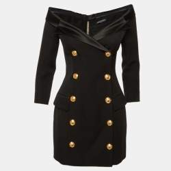 Pre Owned Balmain Black Wool Double Breasted Off-The-Shoulder Dress M