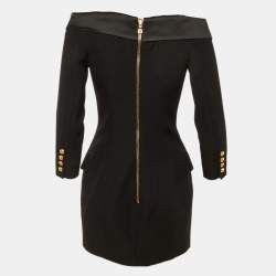 Pre Owned Balmain Black Wool Double Breasted Off-The-Shoulder Dress M