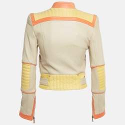 Pre Owned جاكيت بلميان سترة راكب الدراجة النارية بسحاب جلد بيج صغير