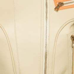 Pre Owned جاكيت بلميان سترة راكب الدراجة النارية بسحاب جلد بيج صغير