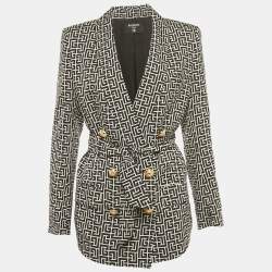 Pre Owned Balmain Black/White Monogram Cupro Double Breasted Blazer S