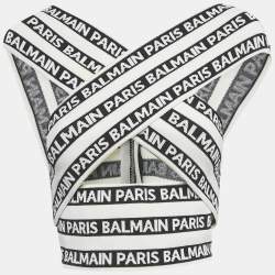 Pre Owned Balmain White Logo All Over Knit Crossover Banded Top S