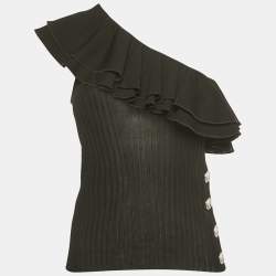 Pre Owned Balmain Black Rib Knit Ruffled One Shoulder Top S
