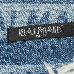 Pre Owned Balmain Blue Striped Logo Raw Edge Denim Skirt S Waist 26"