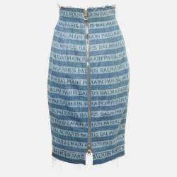 Pre Owned Balmain Blue Striped Logo Raw Edge Denim Skirt S Waist 26"