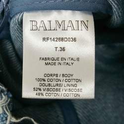 Pre Owned Balmain Blue Striped Logo Raw Edge Denim Skirt S Waist 26"