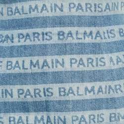 Pre Owned Balmain Blue Striped Logo Raw Edge Denim Skirt S Waist 26"