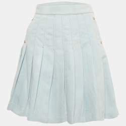 Pre Owned Balmain Blue Denim Pleated Mini Skirt S