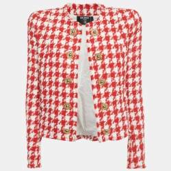 Pre Owned Balmain Red /White Houndstooth Tweed Open Front Jacket M