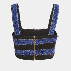 Pre Owned Balmain Black/Blue Textured Tweed Crop Top M