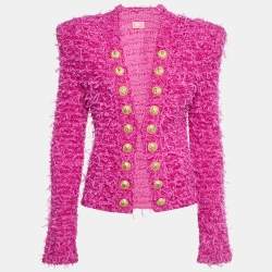 Pre Owned Balmain Paris Pink Textured Tweed Open Front Jacket M