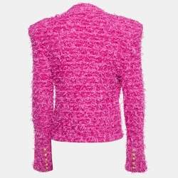Pre Owned Balmain Paris Pink Textured Tweed Open Front Jacket M