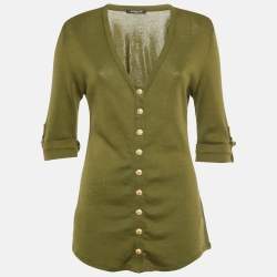 Pre Owned Balmain Olive Green Cotton Knit Top M