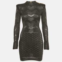 Pre Owned Balmain Black Lurex Patterned Knit Mock Neck Mini Dress S