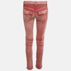 Pre Owned Balmain Red Washed Out Denim Skinny Biker Jeans S Waist 29"