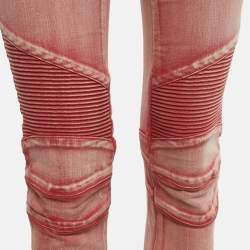 Pre Owned Balmain Red Washed Out Denim Skinny Biker Jeans S Waist 29"