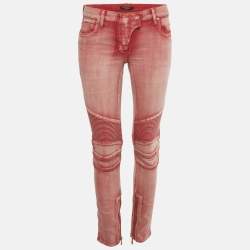 Pre Owned Balmain Red Washed Out Denim Skinny Biker Jeans S Waist 29"