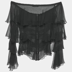 مملوكة مسبقًا Balmain Black Silk Tiered Off-Shoulder Top S