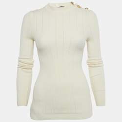 Pre Owned Balmain Cream Rib Knit Mock Neck Pullover S
