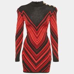 مملوكة مسبقًا Balmain Red/Black Chevron Lurex Knit Bodycon Dress M