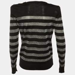 مملوكة مسبقًا Balmain Black Striped Lurex Wool Structured Shoulder Jumper M