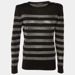 مملوكة مسبقًا Balmain Black Striped Lurex Wool Structured Shoulder Jumper M