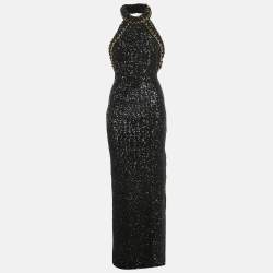 مملوكة مسبقًا Balmain Black Sequin Chain Detail Halter Neck Maxi Dress M