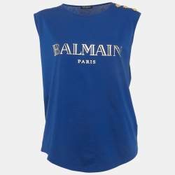 مملوكة مسبقًا Balmain Blue Logo Print Cotton Tank Top M