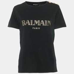 مملوكة مسبقًا Balmain Black Logo Print Jersey Button Detail T-Shirt M