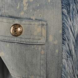 مملوكة مسبقًا Balmain Blue Bleached Denim Fringe-Trimmed Jacket S