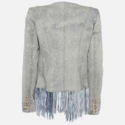 مملوكة مسبقًا Balmain Blue Bleached Denim Fringe-Trimmed Jacket S