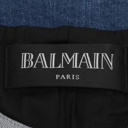 مملوكة مسبقًا Balmain Blue Bleached Denim Fringe-Trimmed Jacket S