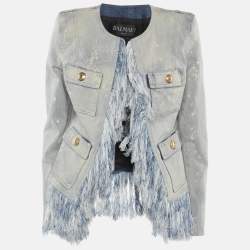 مملوكة مسبقًا Balmain Blue Bleached Denim Fringe-Trimmed Jacket S