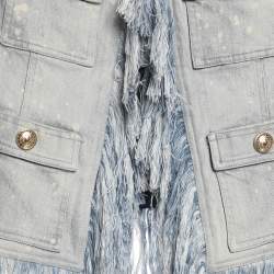 مملوكة مسبقًا Balmain Blue Bleached Denim Fringe-Trimmed Jacket S