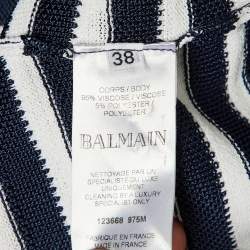 مملوكة مسبقًا Balmain Navy Blue / White Striped Knit Short Dress M