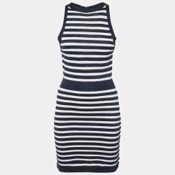 مملوكة مسبقًا Balmain Navy Blue / White Striped Knit Short Dress M
