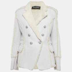 Pre Owned Balmain Light Blue Lambskin Real Fur Double Breasted Coat M