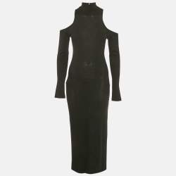 Pre Owned Balmain Black Wool Knit Cold-Shoulder Maxi Dress M