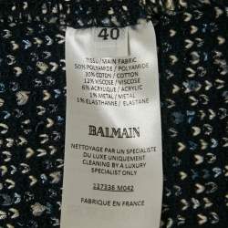 Pre Owned Balmain Blue Tweed Fringed Cropped Jacket M