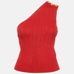 مملوكة مسبقًا Balmain Red Pointelle Knit One-Shoulder Top S