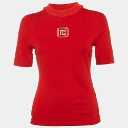 Pre Owned Balmain Red Logo Embroidered Jersey Top M